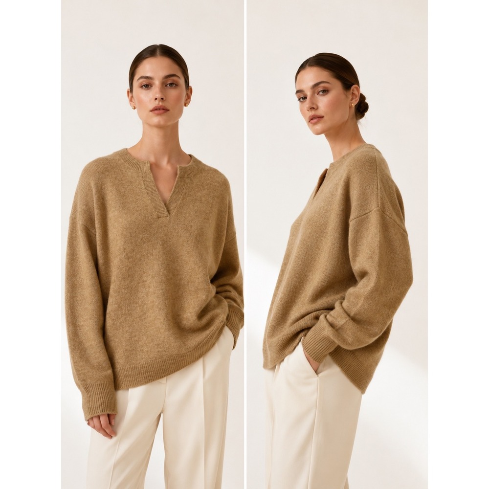Vince Camuto Sweater‎ Womens Large Tan Excellent Split Neck Quiet Luxury Preppy